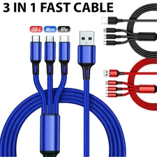3-in-1 Fast Charging Cable USB-C, 1.2 M Nylon Braided Cord Connector for Android