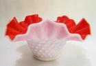 Vintage White Milk Glass Hobnail  Red Overlay Cased Bowl 7" Kanawha or Fenton