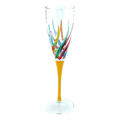 Murano Champagner Weinglas handbemalt mehrfarbig gelber Stiel