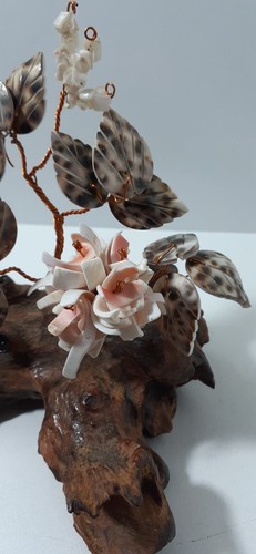 Bonsai Tree Cowrie Shell Copper Wired On Tree Stump Base Handmade Sculpture Art - Bild 8 von 9