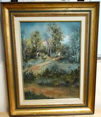 JAN WARD CALASKI KIDS PLAYING ON WALKWAY ORIGINAL OIL ON BOARD