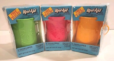 3 Vintage Kool-Aid Man Smiling Face Cups Green Pink Orange With Packets Sealed