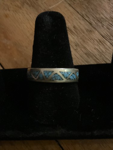 Vintage Sterling Silver Crushed Turquoise Native American Ring Band SZ 9.5 - Image 1