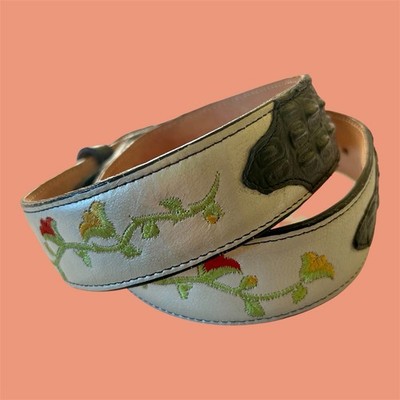 Genuine Caiman Crocodile Tail Belt Floral Inlay Stitch Artisanal
