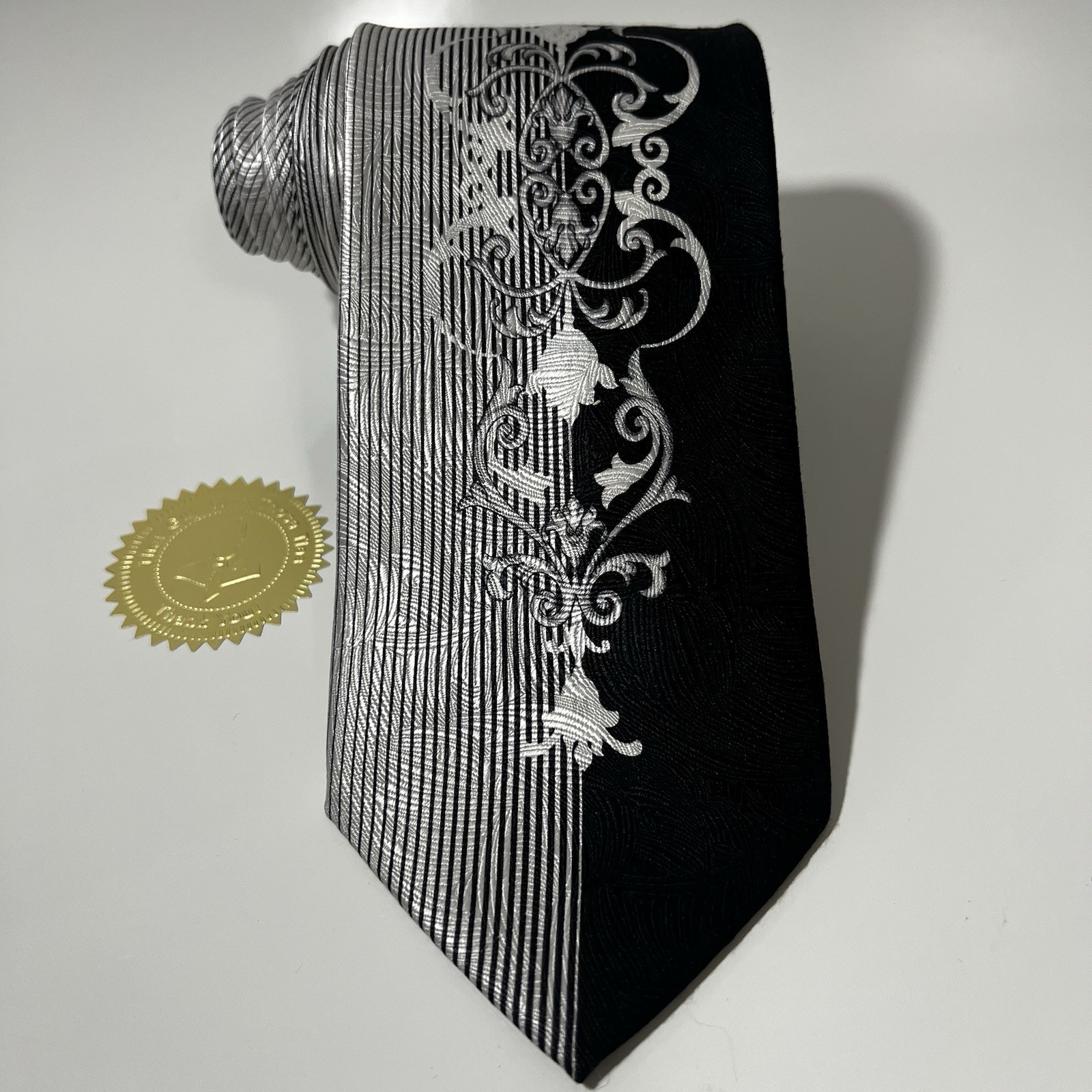 VERSACE Black&Silver Split Pattern Silk Luxury Ti… - image 1