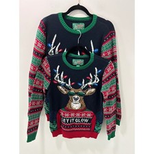 Ugly Christmas Sweaters Reindeer Let It Glow Matching Set Navy Blue Kids M XL