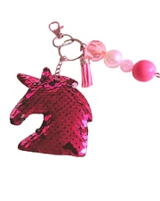 Sequin Unicorn Plush Keychain, Pink Tassel, Pearl Bead, Cute Sparkly Purse Charm
