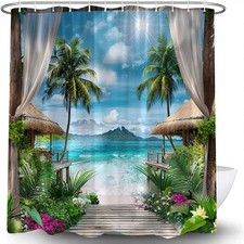 Ocean Beach Shower Curtain Tropical Summer Palm Tree Leaves Blue Sky Sea Wave...