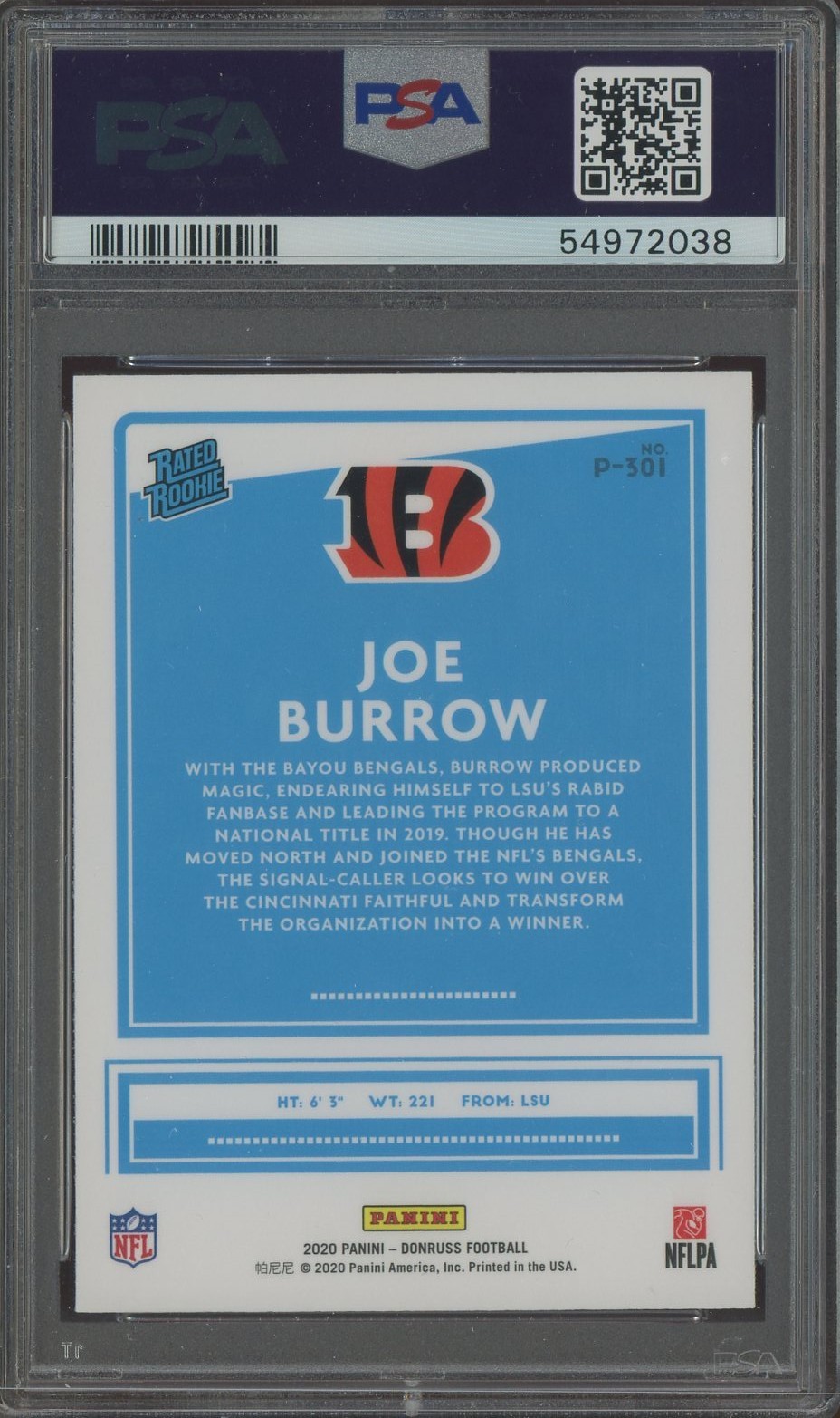 2020 Donruss Optic Preview #P301 Joe Burrow Bengals RC Rookie PSA 9 MINT view 2