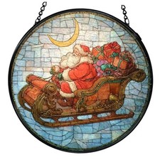 Santa Christmas Stained Glass Window Hanging, Winter Santa Claus Sleigh Xmas