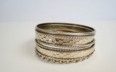 Set of 8 Silver Tone Multi Textured Stacking BANGLE BRACELETS Sz Med/Lg