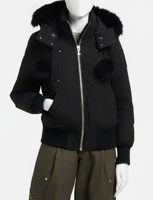 Moose Knuckles Women's Black Debbie Shearling-Trim Down Bomber Jacket Size M