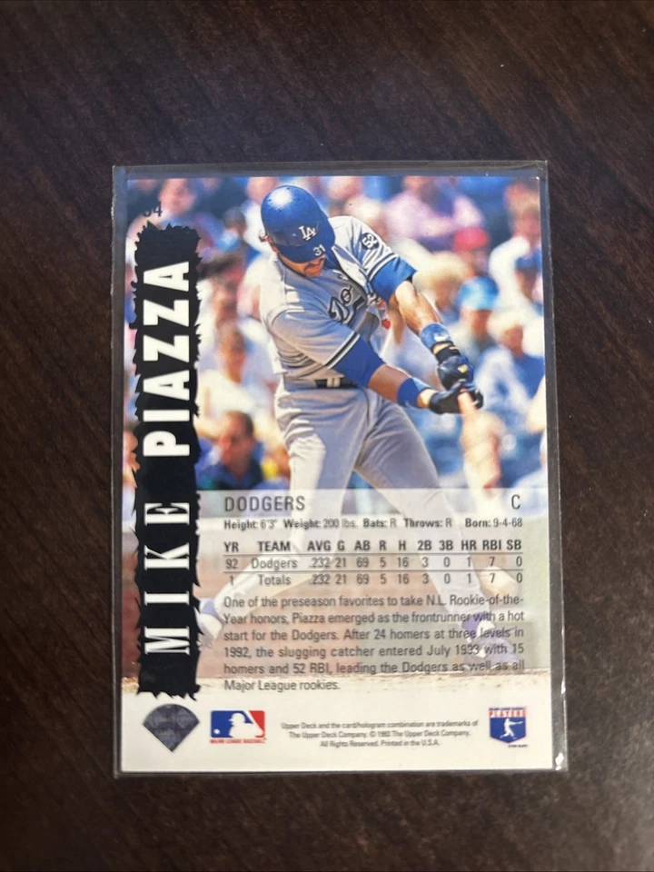 1993 Upper Deck - Diamond Gallery - Mike Piazza - #34 - Dodgers - NrMt - Image 2 of 2