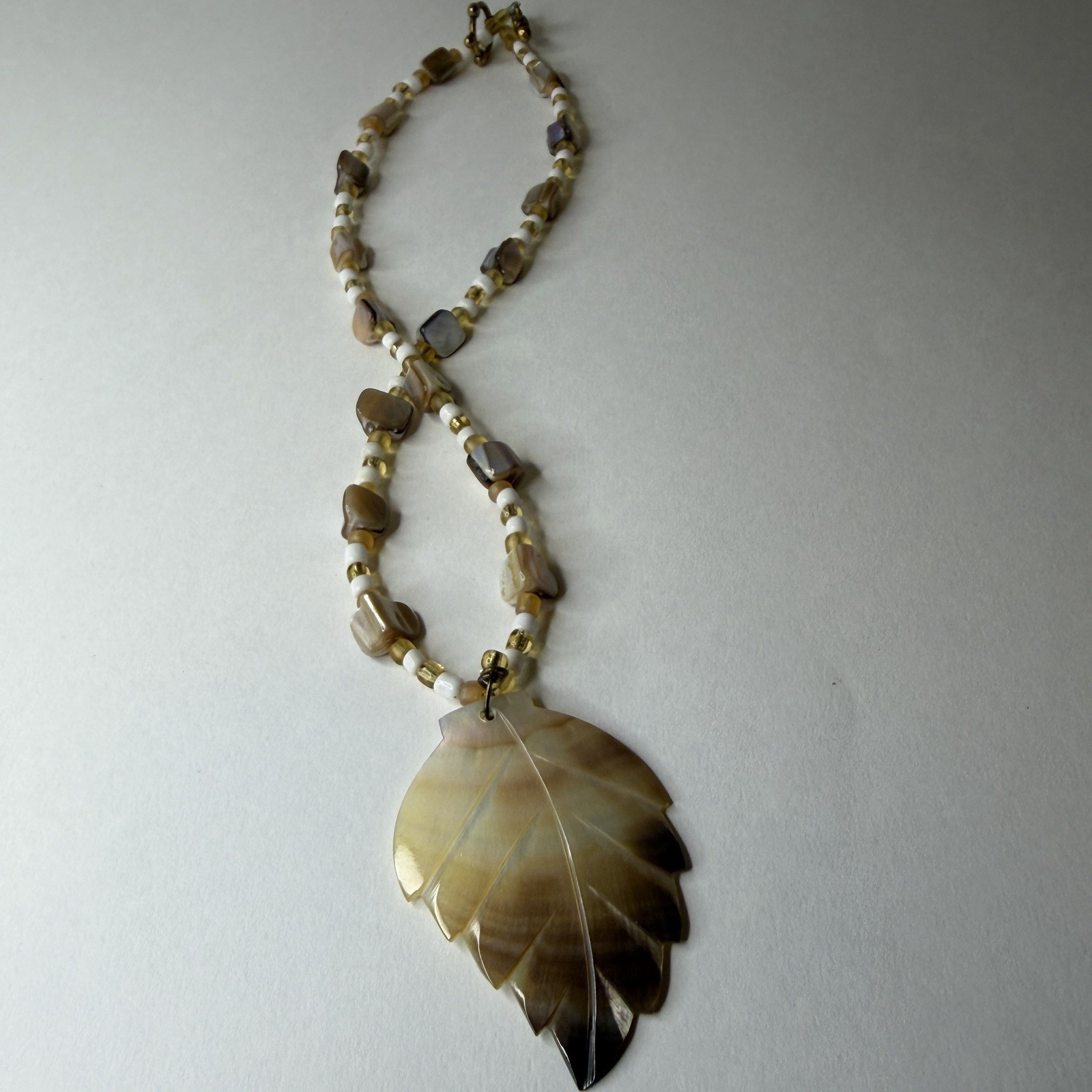 Handcrafted Shell Leaf Pendant Beaded Necklace Brown Beige White 18 in Nature