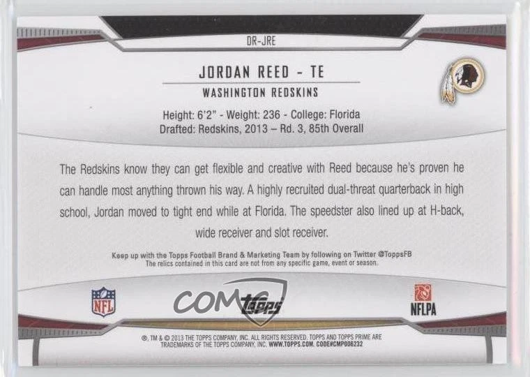 2013 Topps Prime Dual Relics /165 Jordan Reed #DR-JRE Rookie RC - Image 2 of 2