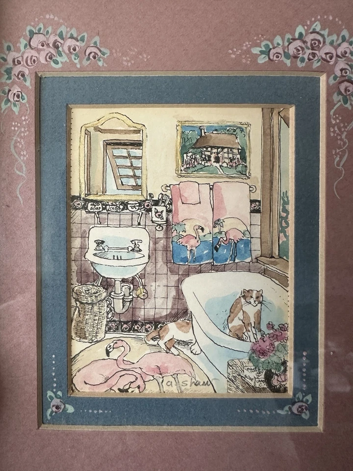 原版猫和火烈鸟浴室插图 Alice Shaw 签名 — 第 4/4 张图片