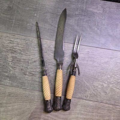 Antique Price & Co Sheffield Warranted 3 Pc Carving Set Cast Steel Ivory Look