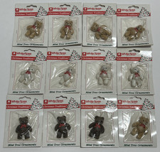 Lot Of 12 Miniature Brown Beige White Flocked Jointed Teddy Bear w Bow 1.75" NEW