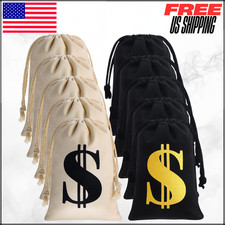 Canvas Money Bags Drawstring Dollar Sign Prop Pouch for Bank Robber Party 12pc