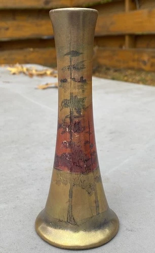 Weller Pottery Lasa 1920s Art Nouveau Bud Vase Gold Luster Glaze Tree