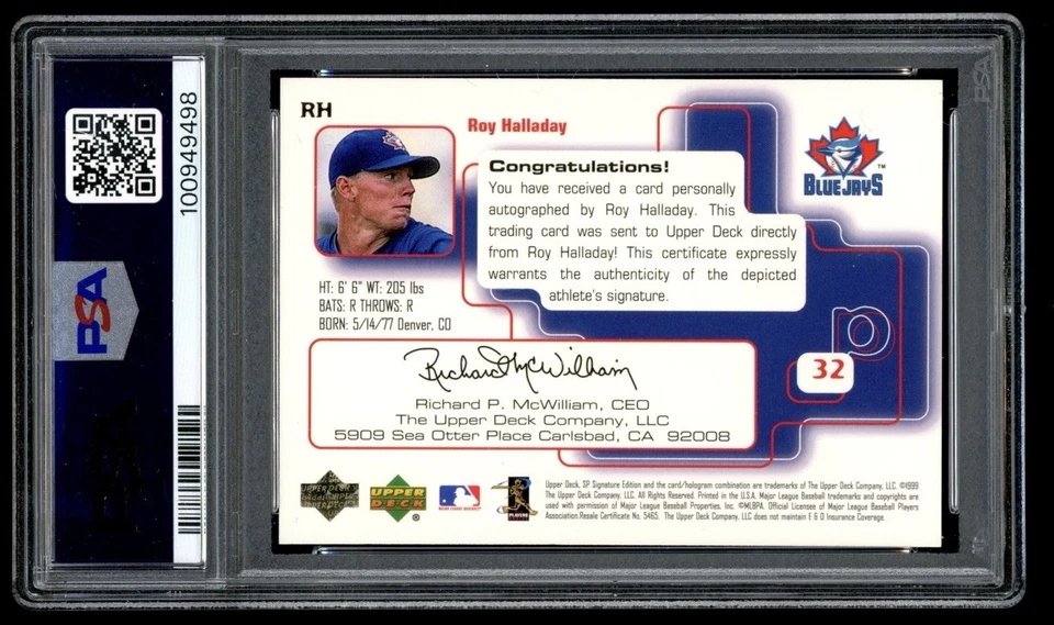1999 Upper Deck SP Signature Edition Roy Halladay On Card Auto PSA 7 HOF - Image 2 of 2