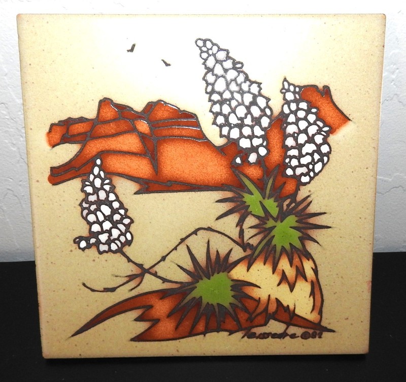 Vintage Cleo Teissedre Ceramic Tile Trivet Yucca Southwestern Desert Mesa 1982