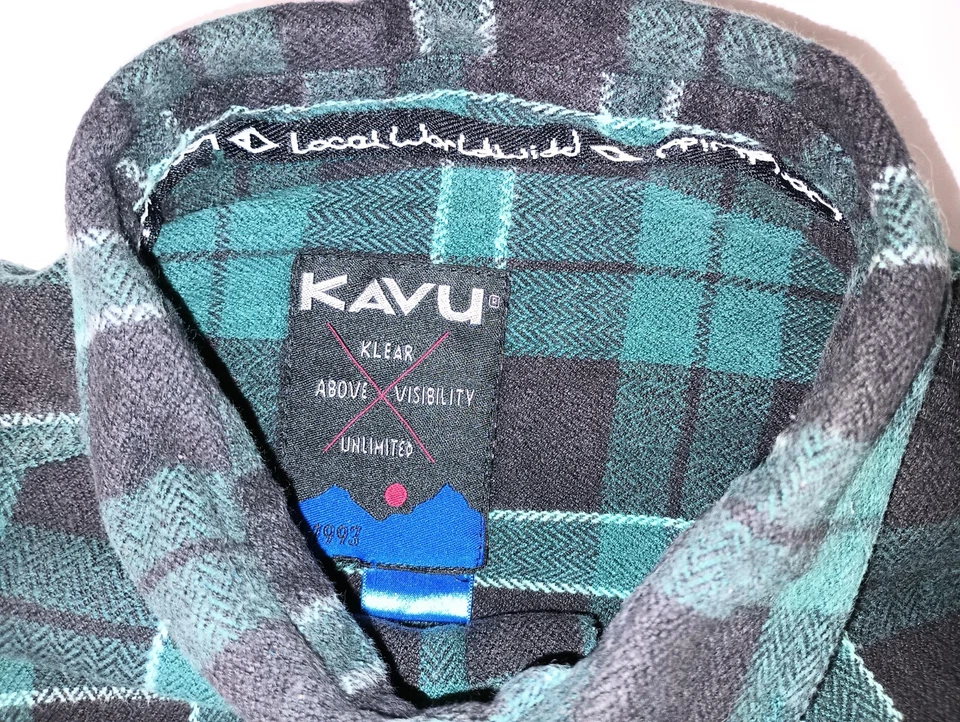 Kavu Big Joe 男式格子法兰绒长袖纽扣衬衫 M 码绿色黑色 — 第 2/4 张图片