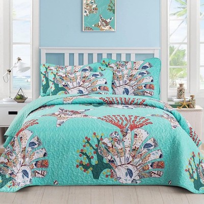 King Coastal Quilt Set Starfish Aqua 3PC 90x104 Reversible