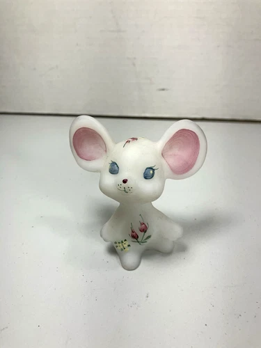 Vtg. Fenton Mouse Figurine Satin Glass Hand Painted Roses Floral ~Signed & Label