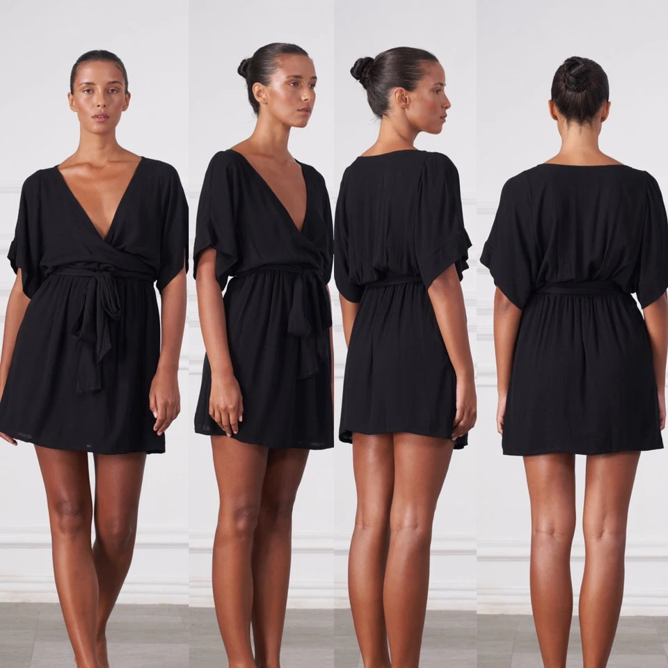 Hazel & Folk Talla 2XL - 3XL (18-20) Negro Melodía Mini Vestido Envolvente Aus Designer Foto 2 de 4