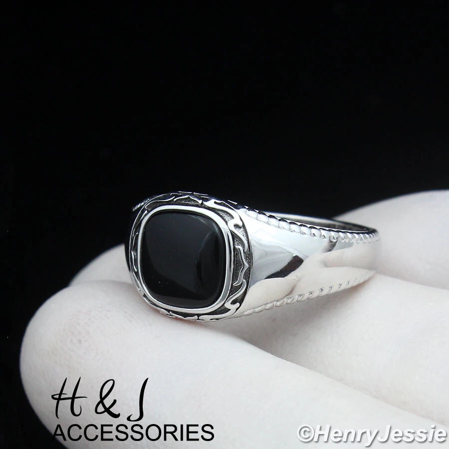 MEN SOLID 925 STERLING SILVER SQUARE BLACK ONYX VINTAGE RING SIZE
