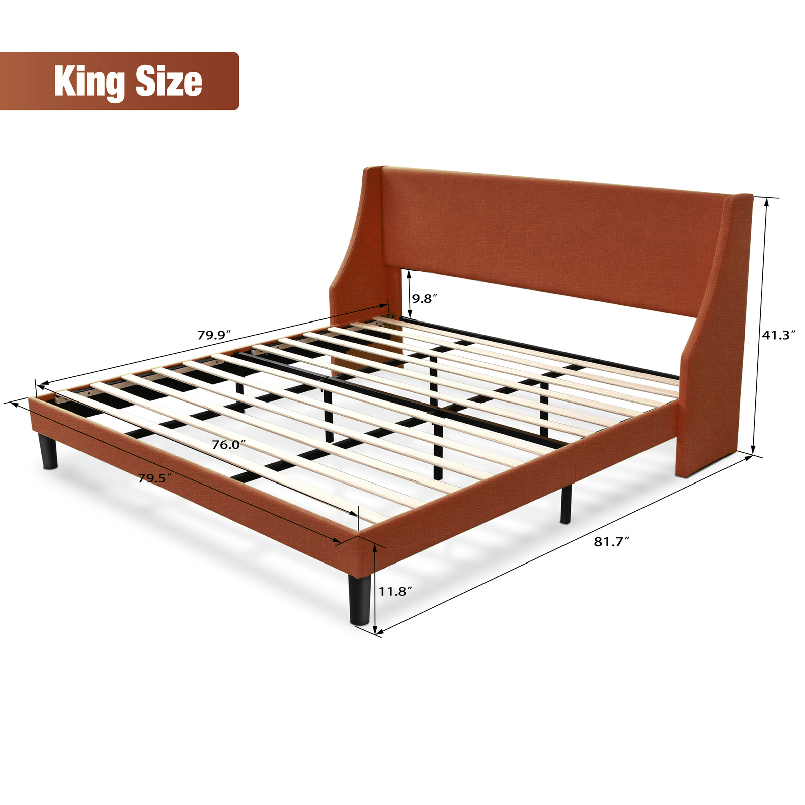 Sifurni King Size Modern Platform Bed Frame with Deluxe Wingback, Burnt Orange