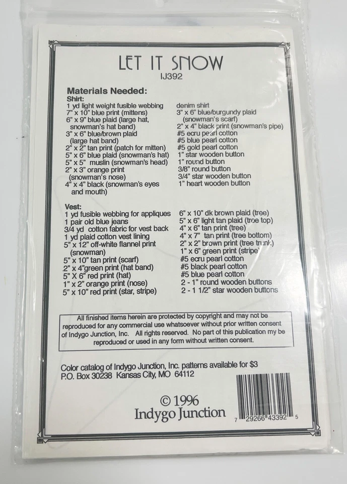 1996 Let It Snow Denim Vest & Applique Pattern S-XL Designed By Linda Tjarks New - Image 2 of 3