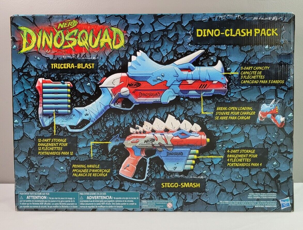 NERF DinoSquad Tricera-Blast Dart Blaster, Break-Open 3-Dart Loading, 12  Official Darts, Dart Storage, Triceratops Dinosaur Design 