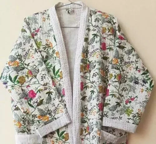 Indian Handmade Kantha Quilt Kimono Robe Floral Print Cotton Winter Gown Dresses - Image 2 of 3