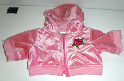 Build-A-Bear Pink Velour Zipper Hoodie Sweatshirt Embroidered Rose Flower Patch