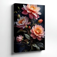 Wall Art Pink Peony Flower Bouquet Canvas Print Vintage Floral Decor Dark BG