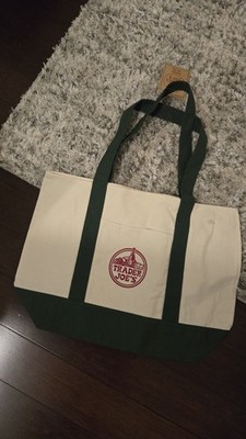 Trader Joe's Canvas Tote Bag Foldable Beige Green Reusable Shopping
