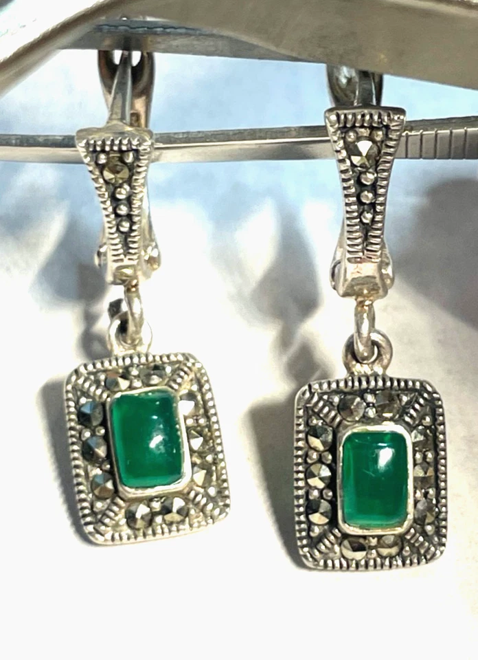 Solide 925 Silber Ohrringe Ohrhänger grüner Farbstein + Markasit im Antikstil - Bild 3 von 4
