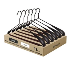 BP4U Heavy Duty Metal Wide Shoulder Suits/Coats Hangers with Wooden Pants Bar