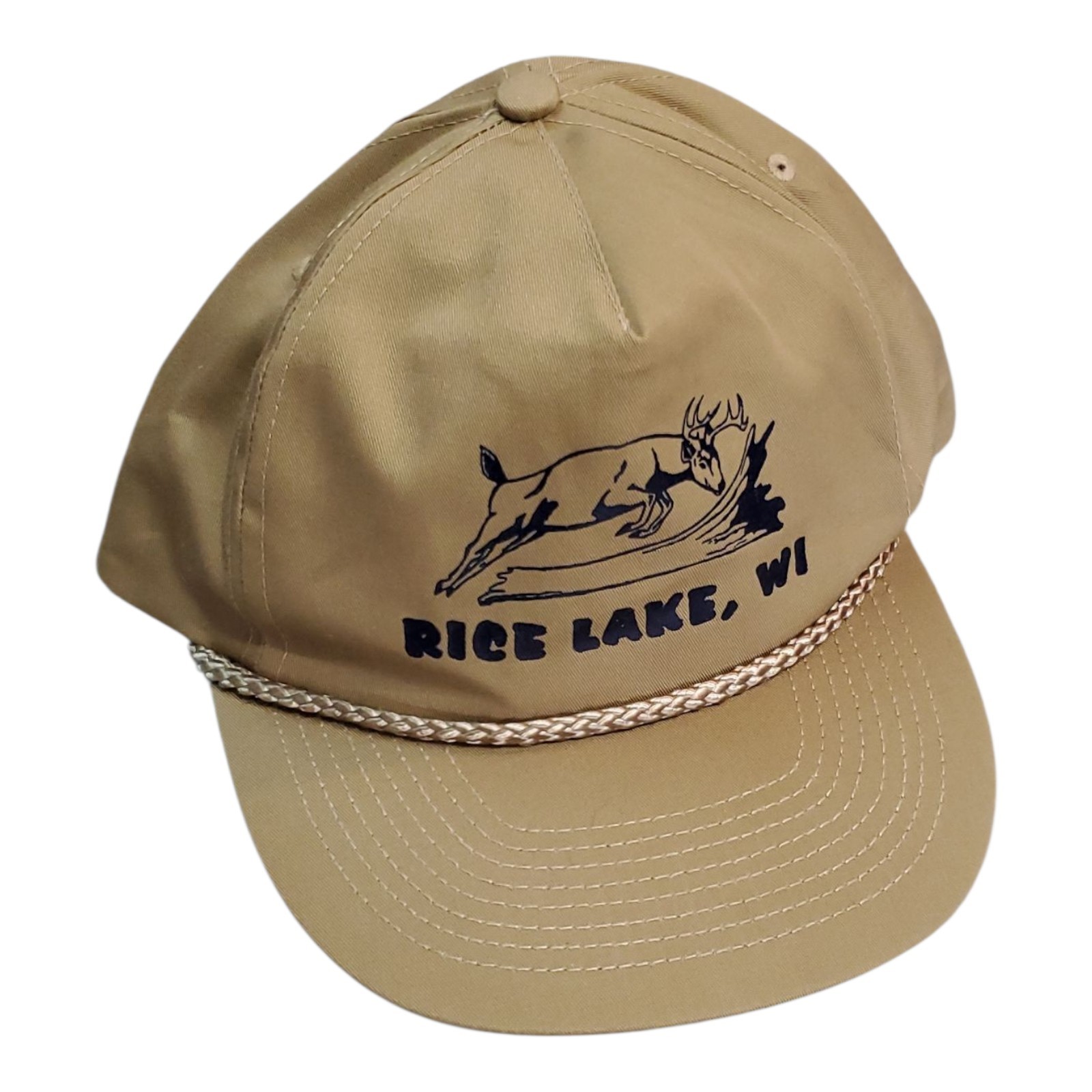 Vintage Beige Rice Lake Wisconsin Trucker Style Hat. Adjustable Size.
