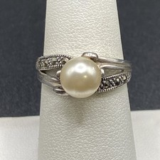 Vintage Designer Sterling Silver Pearl and Marcasite Ring - Size 8