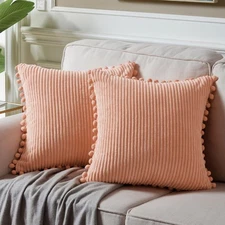 Pack of 2 Peach Decorative Throw Pillow Covers 18x18 Inch with Pom-poms for C...