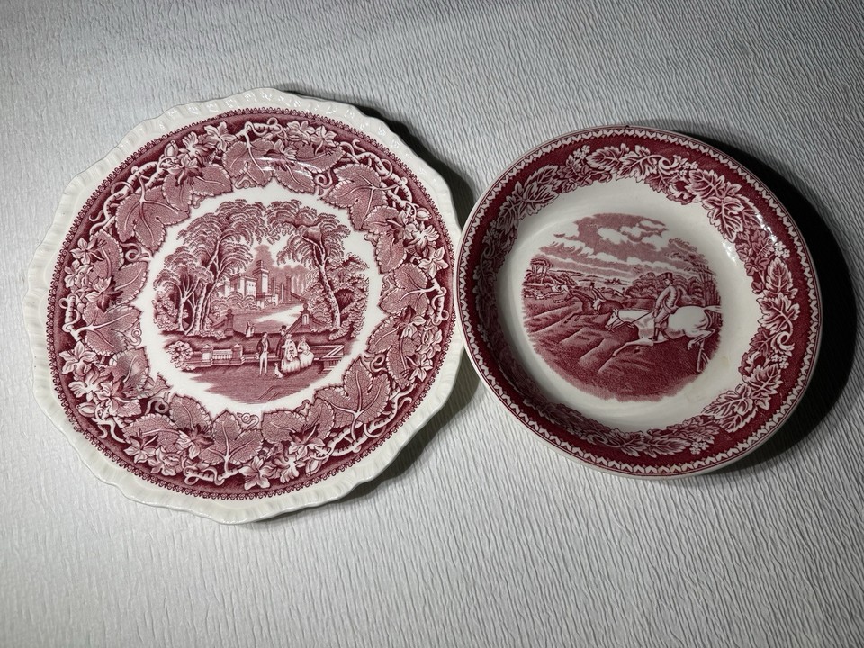 Red Transferware Set Vintage Red Transferware Display Set Mason’s Vista Currier Ives Fox ...