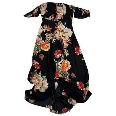 Band Of Gypsies Black Floral Maxi Dress Smocked Off The Shoulder High Low Hem S