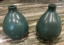Pewabic Pottery Detroit, TWO 6-1/4" Matching Matte Teal Teardrop Vases, signed
