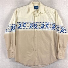 VTG Wrangler Western Shirt Men L Beige Blue Aztec Tribal Pearl Snap Southwestern
