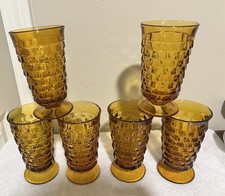VTG Amber Indiana Glass Whitehall Cubist Pedestal Drinking Tea Glasses Set Of 6