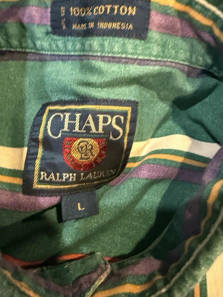 Ralph Lauren Chaps 90s Vintage Shirt Mens Size Large Teal Purple Vertical Stripe - Image 4 of 4