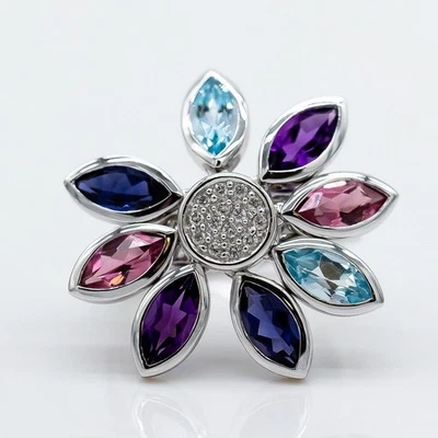 Anneau 750/18K or Blanc Diamants 0,12ct H / Si Aigue-Marine Améthyste Tourmaline - Photo 1/3